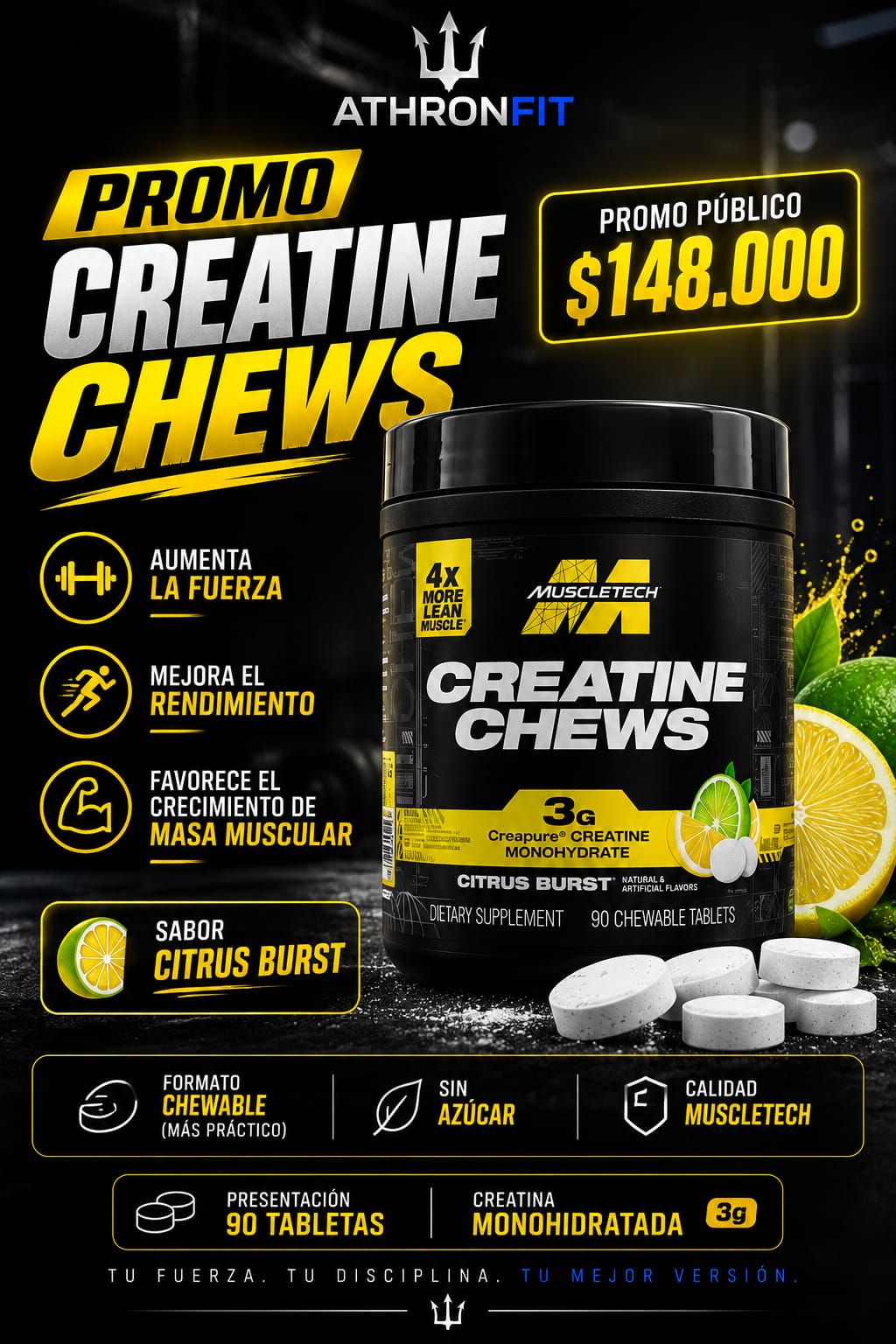Muscletech Creatine Chews 90 Tabletas Masticables | Creatina Monohidratada | 3 g por porción