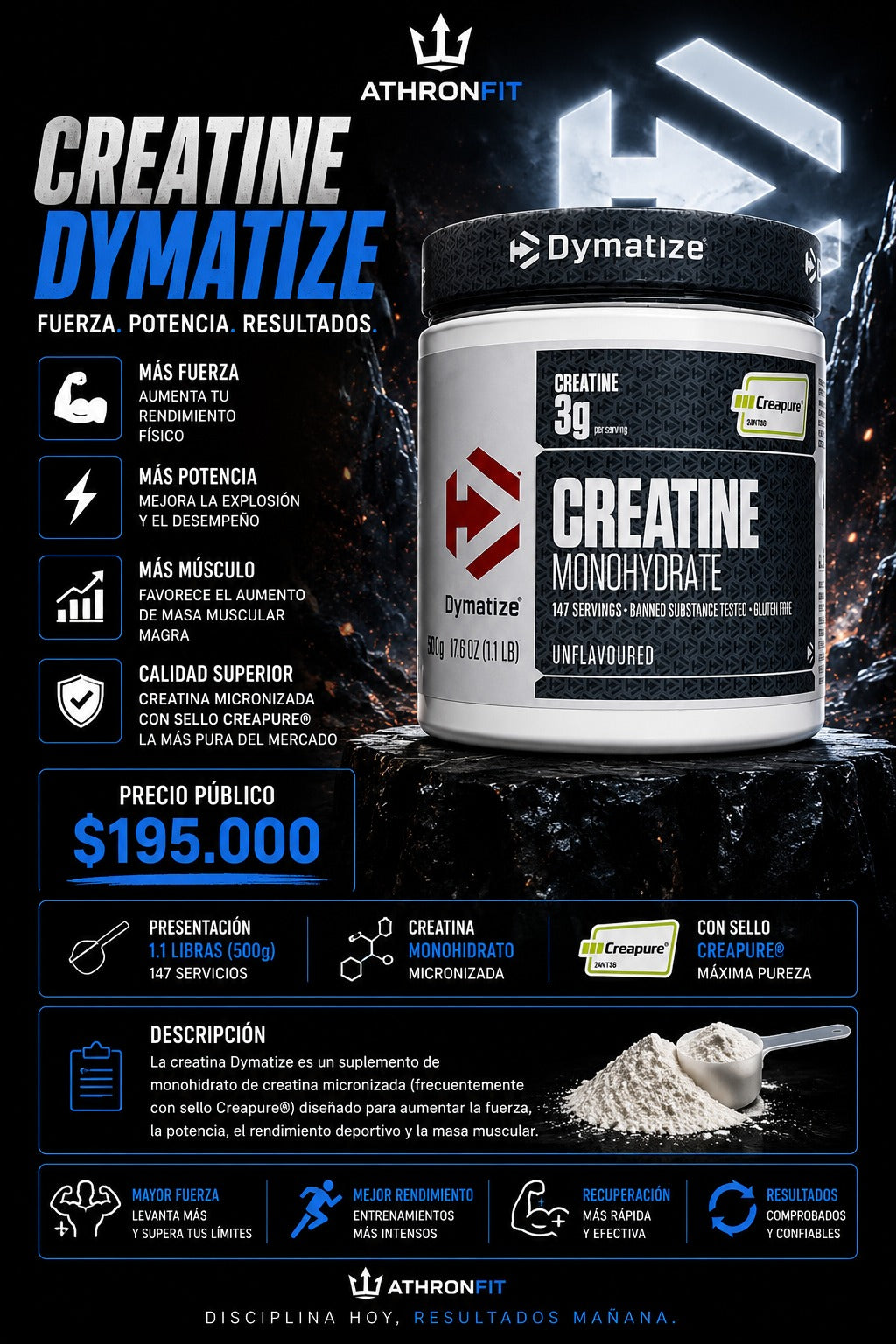 Creatina Dymatize Monohydrate Creapure® 500 g | 147 Servicios | Micronizada
