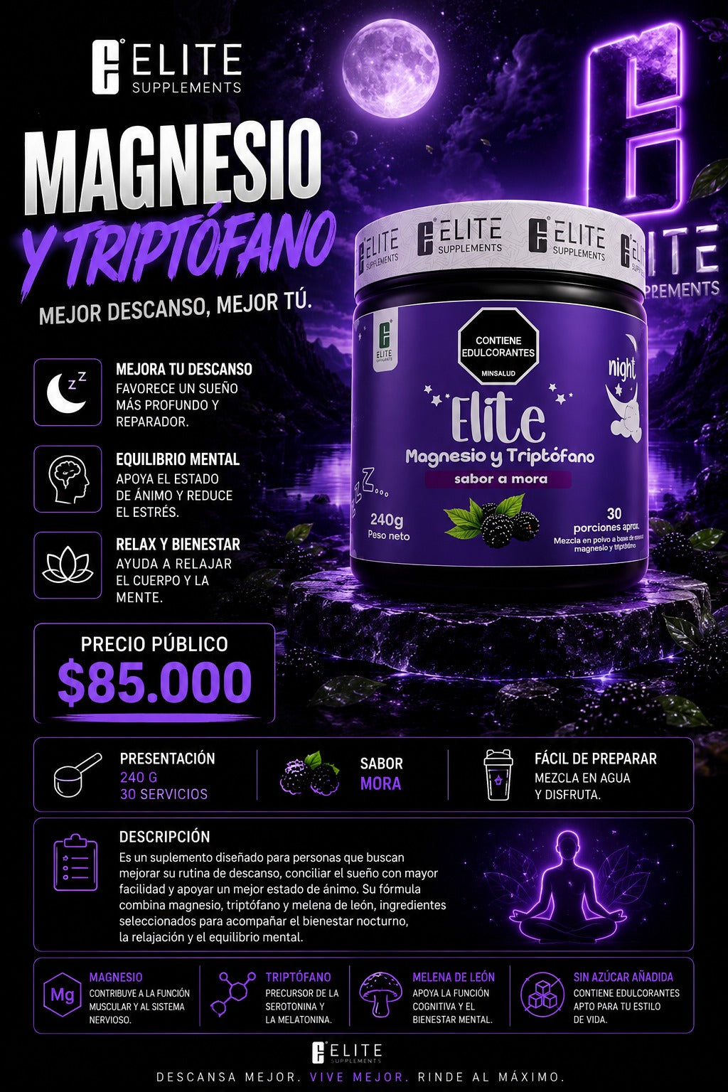 Elite Magnesio y Triptófano 240 g | 30 Servicios | Sabor Mora