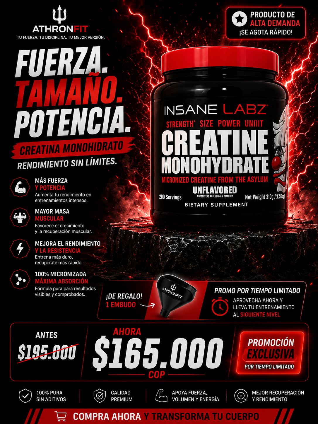 Creatina Monohidratada Insane Labz 200 Servicios | Fuerza, Potencia y Recuperación | ATHRONFIT