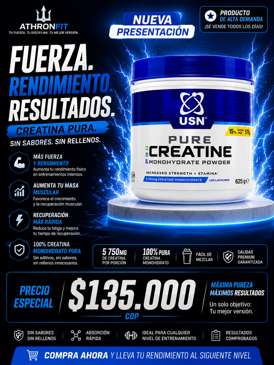 USN Pure Creatine Monohydrate 625 g | Creatina Pura | ATHRONFIT